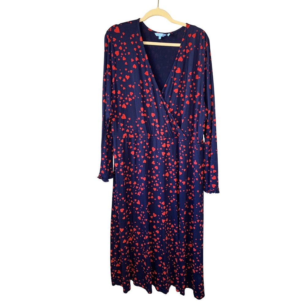 Draper‎ James Navy Red Heart Print Faux Wrap Midi Dress Plus Size XXL